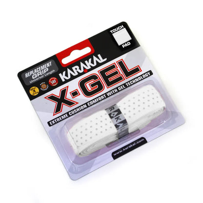 Karakal X Gel Grip in white, close up showing cushioned gel texture and breathing holes, designed for all racket sport players