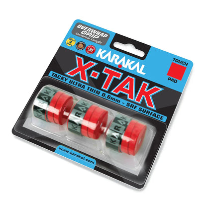 Karakal X-TAK overwrap grip red triple pack, ultra thin 0.6mm tacky SRF surface with micro breathing holes, designed for all player level players
