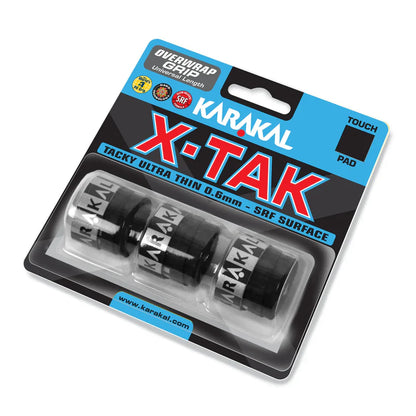 Karakal X-TAK overwrap grip black triple pack, ultra thin 0.6mm tacky SRF surface with micro breathing holes, designed for all player level players.