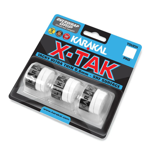 Karakal X-TAK overwrap grip white triple pack, ultra thin 0.6mm tacky SRF surface with micro breathing holes, designed for all player level players
