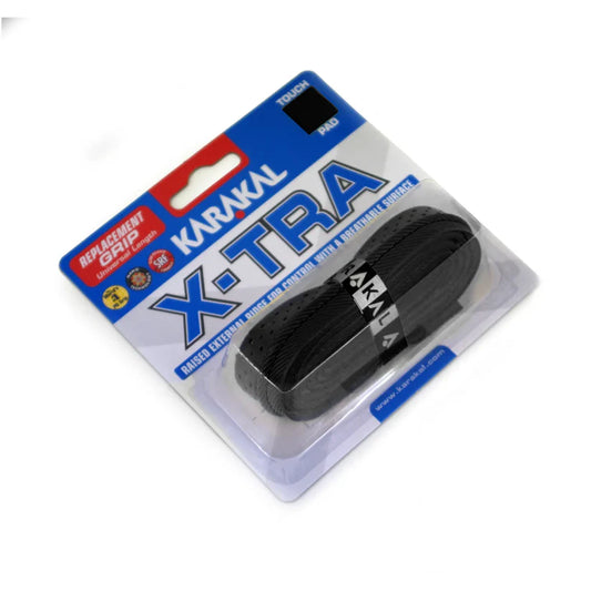 karakal x tra grip black replacement padel grip front view, designed for all level players.