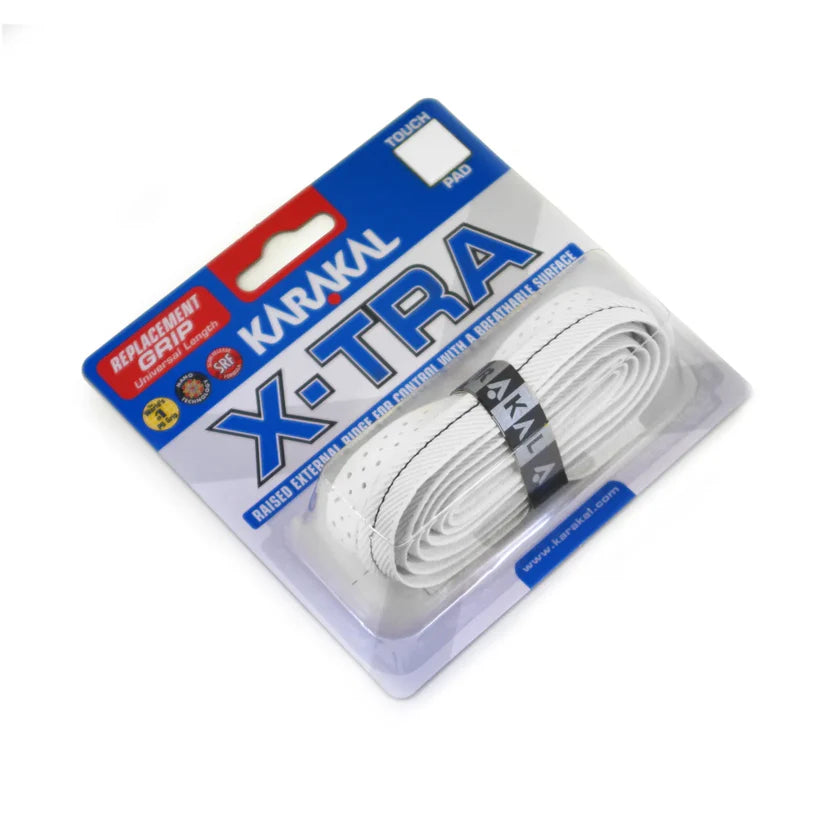 karakal x tra grip white replacement padel grip front view, designed for all level players.
