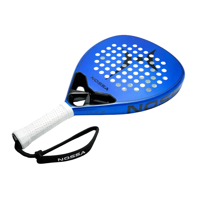 Nossa Base padel racket blue angled view showing face, hole pattern and handle, designed for beginner players