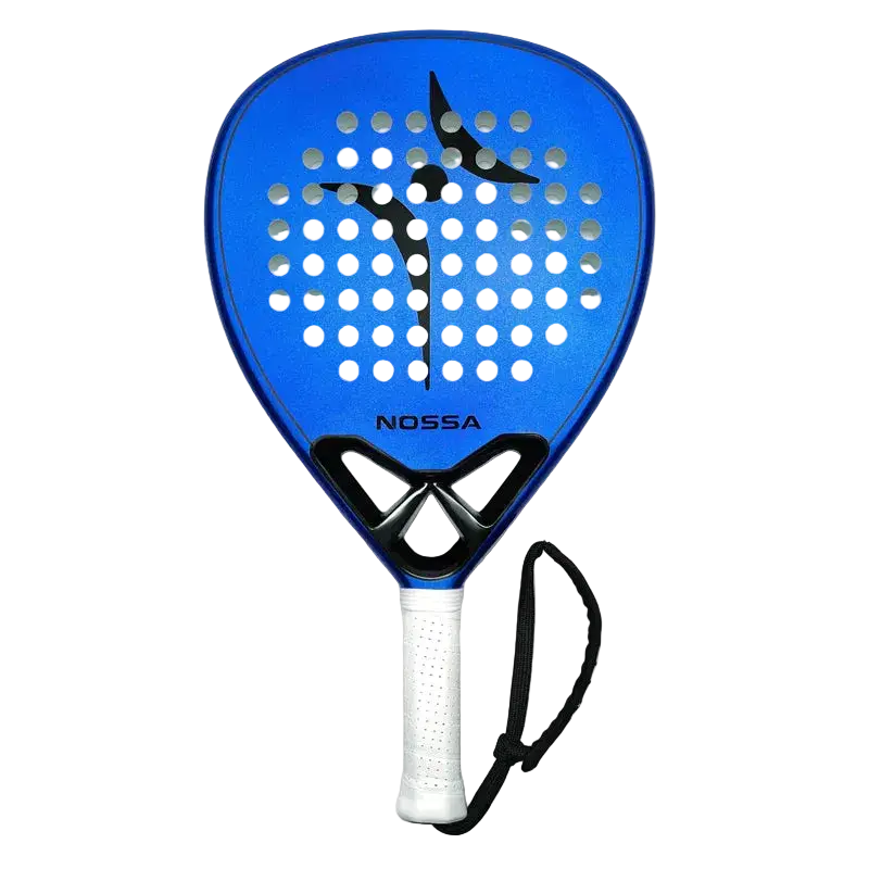 Nossa Base padel racket blue front view showing full face and hole pattern, designed for beginner players
