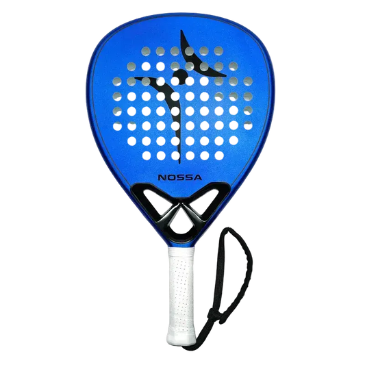 Nossa Base padel racket blue front view showing full face and hole pattern, designed for beginner players