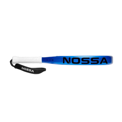 Nossa Base padel racket blue side profile showing frame edge and NOSSA branding, designed for beginner players