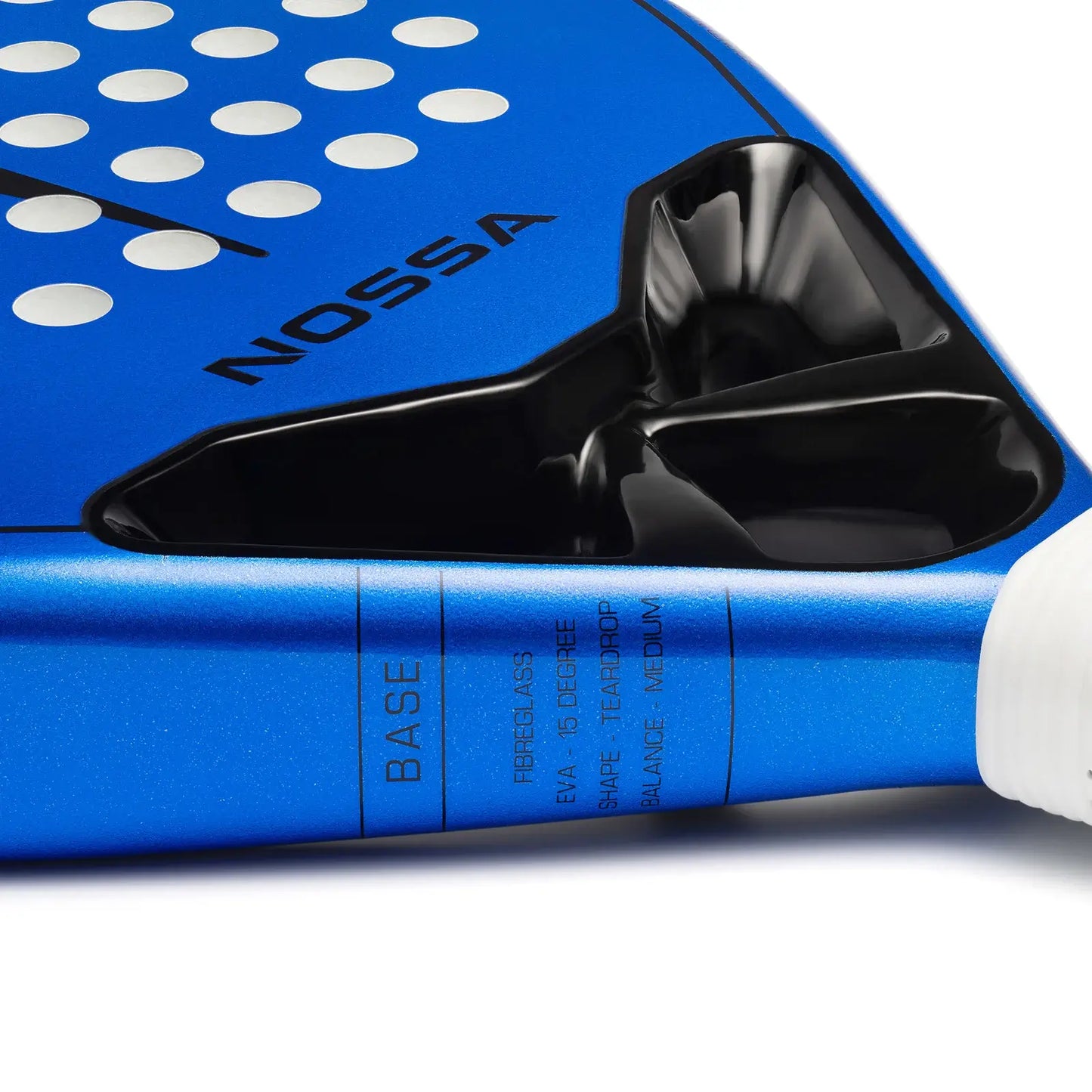 Nossa Base padel racket blue throat close up showing fibreglass construction and base model specifications, designed for beginner players