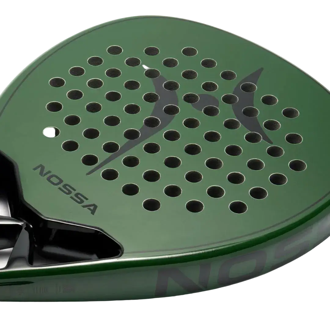 Nossa Base padel racket green face close up showing hole pattern and model base text on frame, designed for beginner players