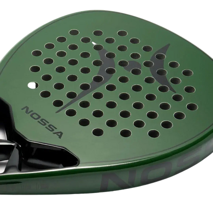 Nossa Base padel racket green face close up showing hole pattern and model base text on frame, designed for beginner players