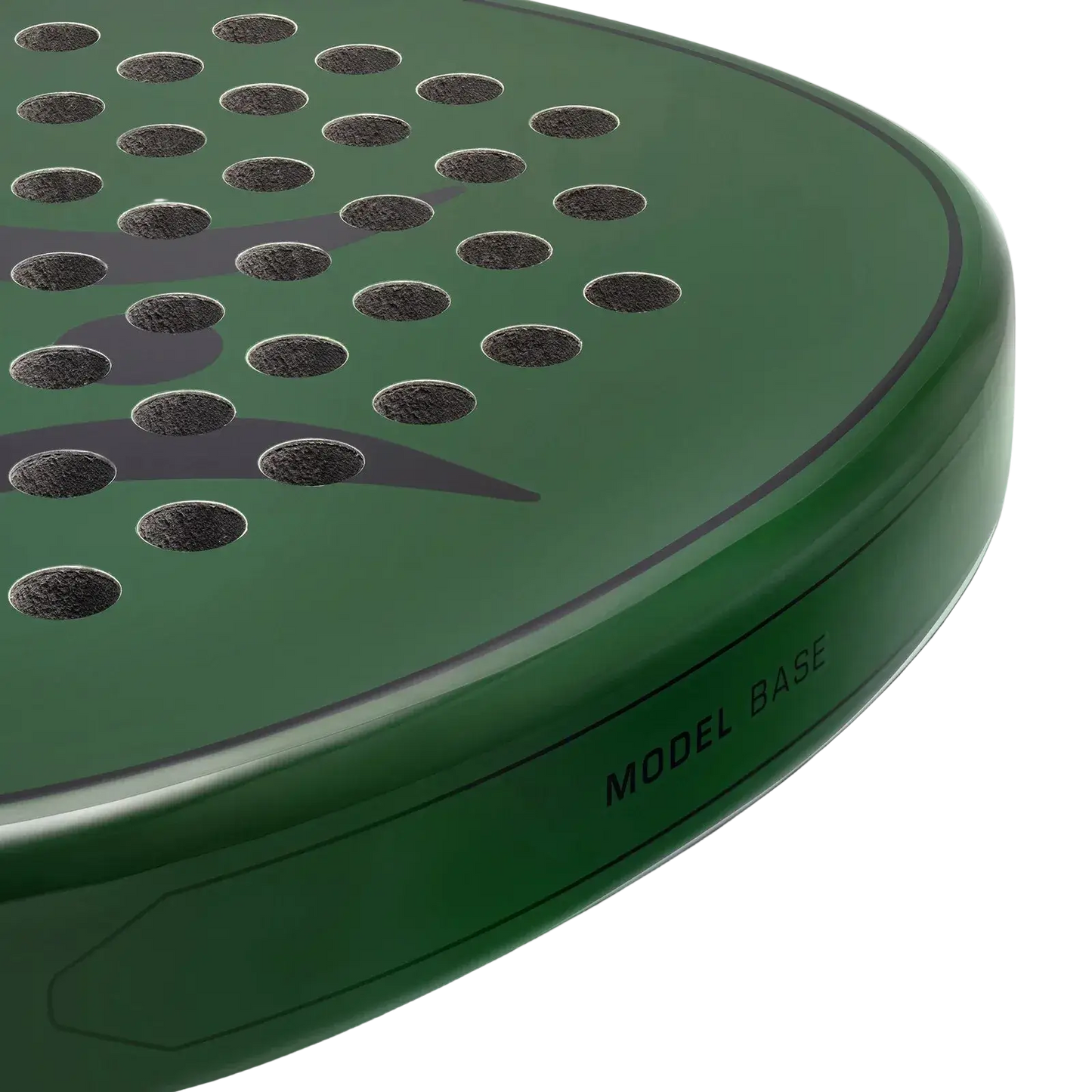 Nossa Base padel racket green angled view showing face surface, hole pattern and throat design, designed for beginner players