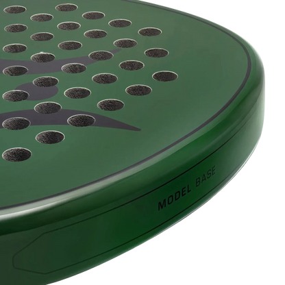 Nossa Base padel racket green angled view showing face surface, hole pattern and throat design, designed for beginner players