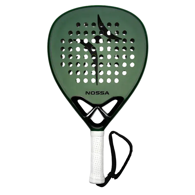 Nossa Base padel racket green front view showing full face and hole pattern, designed for beginner players