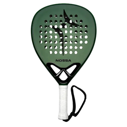 Nossa Base padel racket green front view showing full face and hole pattern, designed for beginner players