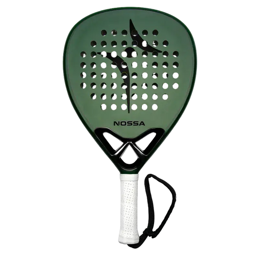 Nossa Base padel racket green front view showing full face and hole pattern, designed for beginner players