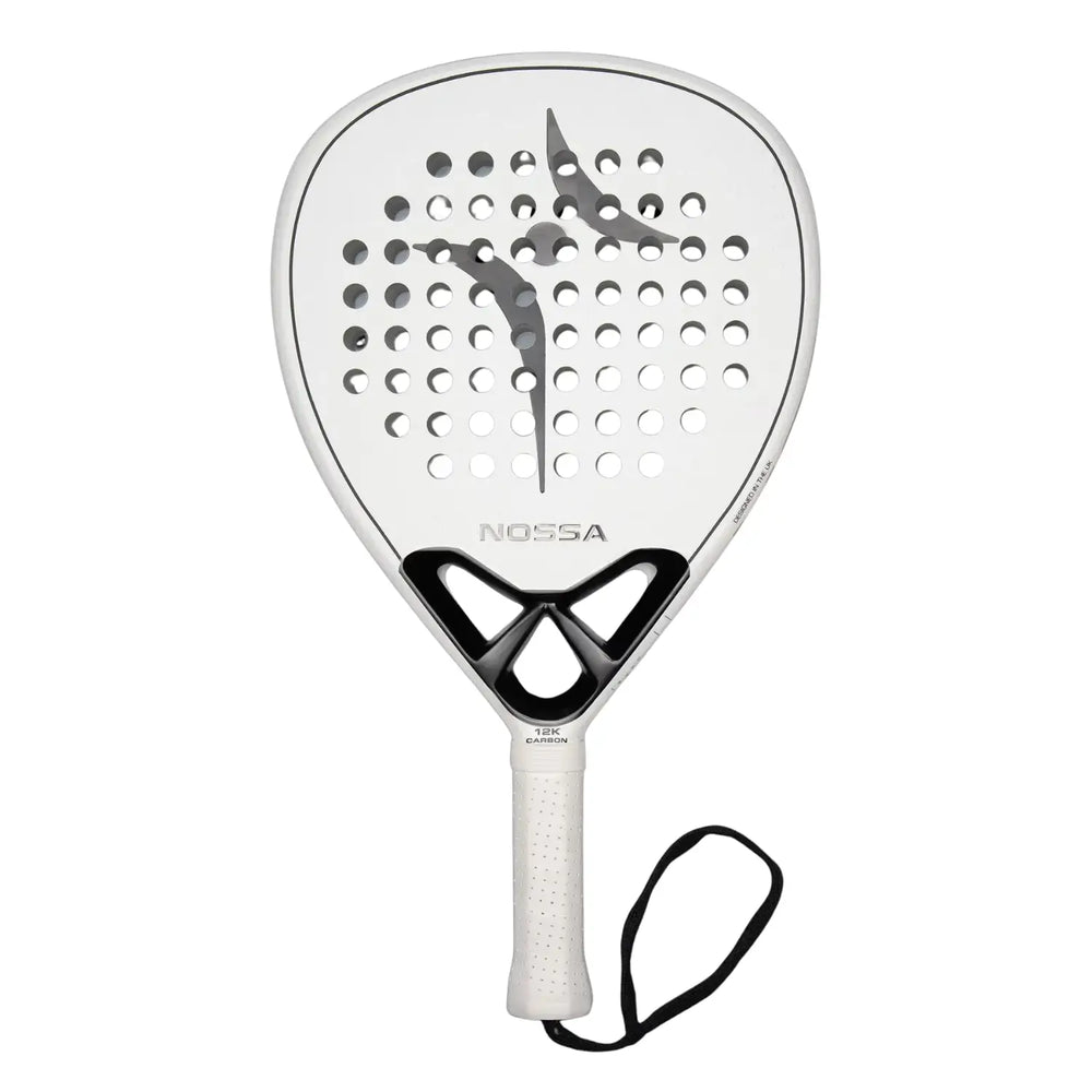 Nossa padel racket front view in white showing clean design perforated face and balanced sweet spot