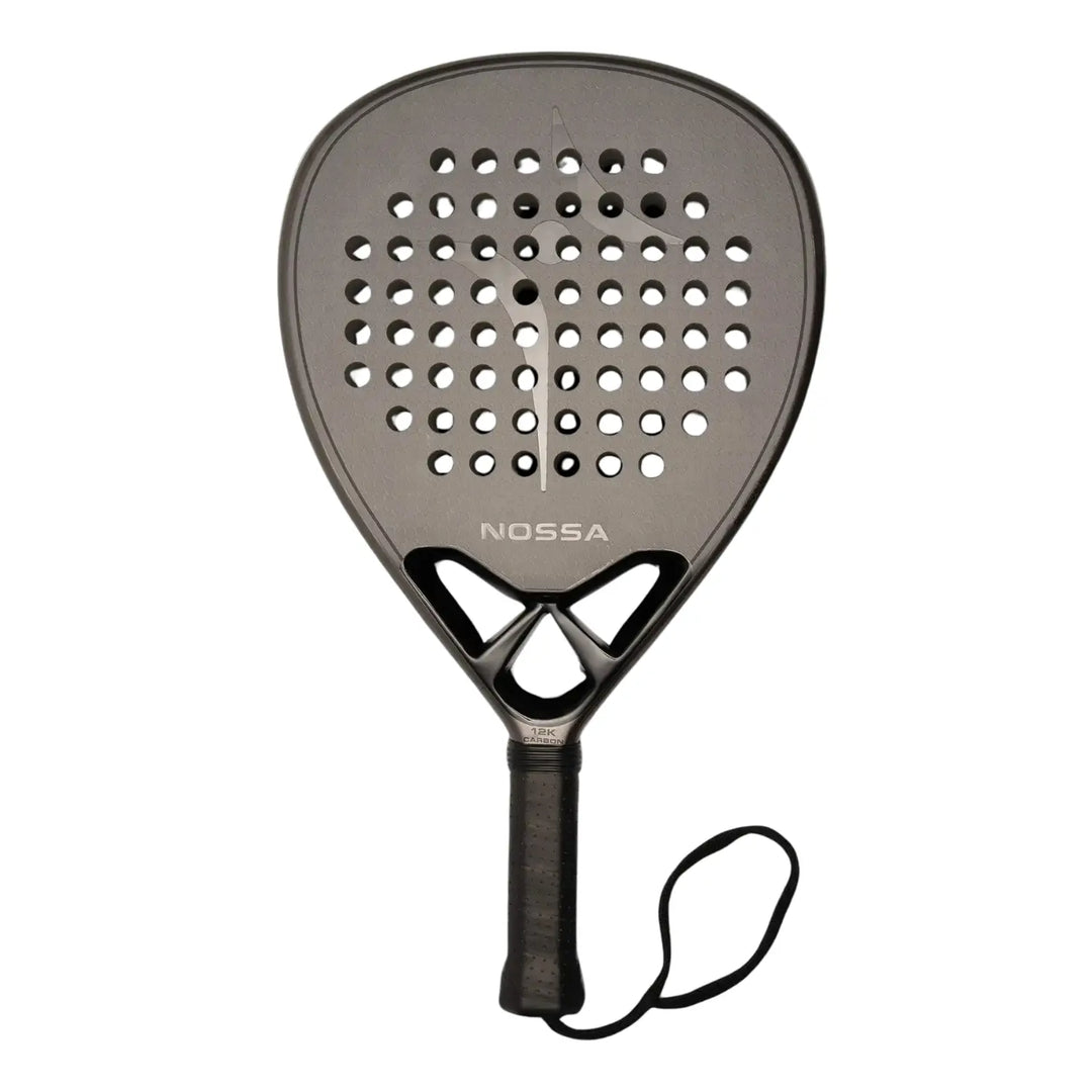 Nossa padel racket front view in dark grey showing perforated face carbon construction and balanced shape