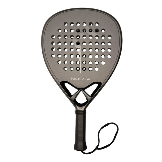Nossa padel racket front view in dark grey showing perforated face carbon construction and balanced shape