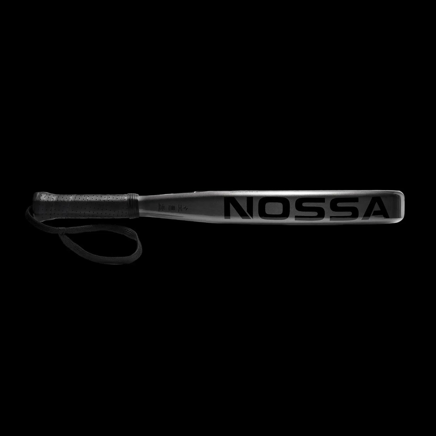 Nossa padel racket side profile in black showing streamlined frame shape grip texture and wrist strap