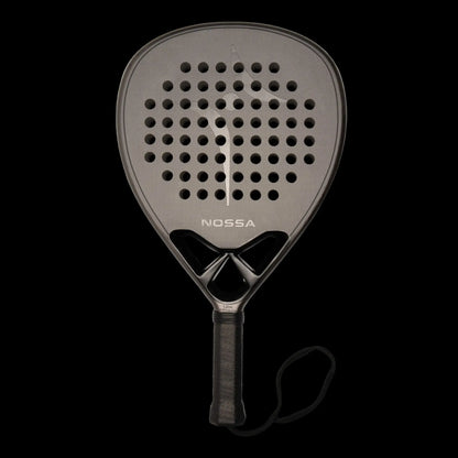 Nossa padel racket front view in dark grey showing perforated face carbon construction and balanced shape