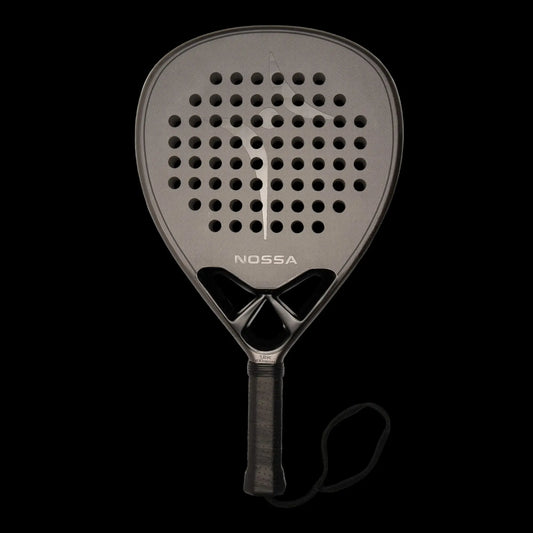 Nossa padel racket front view in dark grey showing perforated face carbon construction and balanced shape
