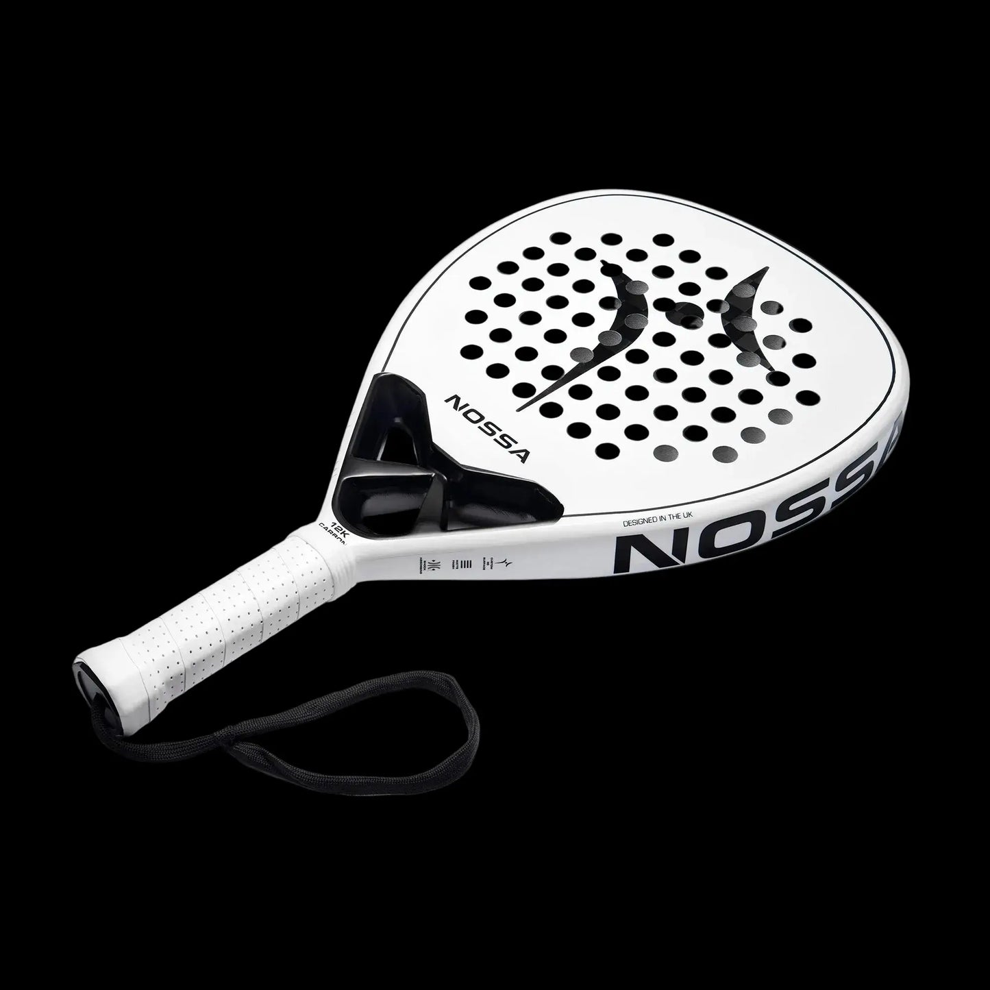 Nossa padel racket angled view in white highlighting frame thickness face texture and ergonomic handle