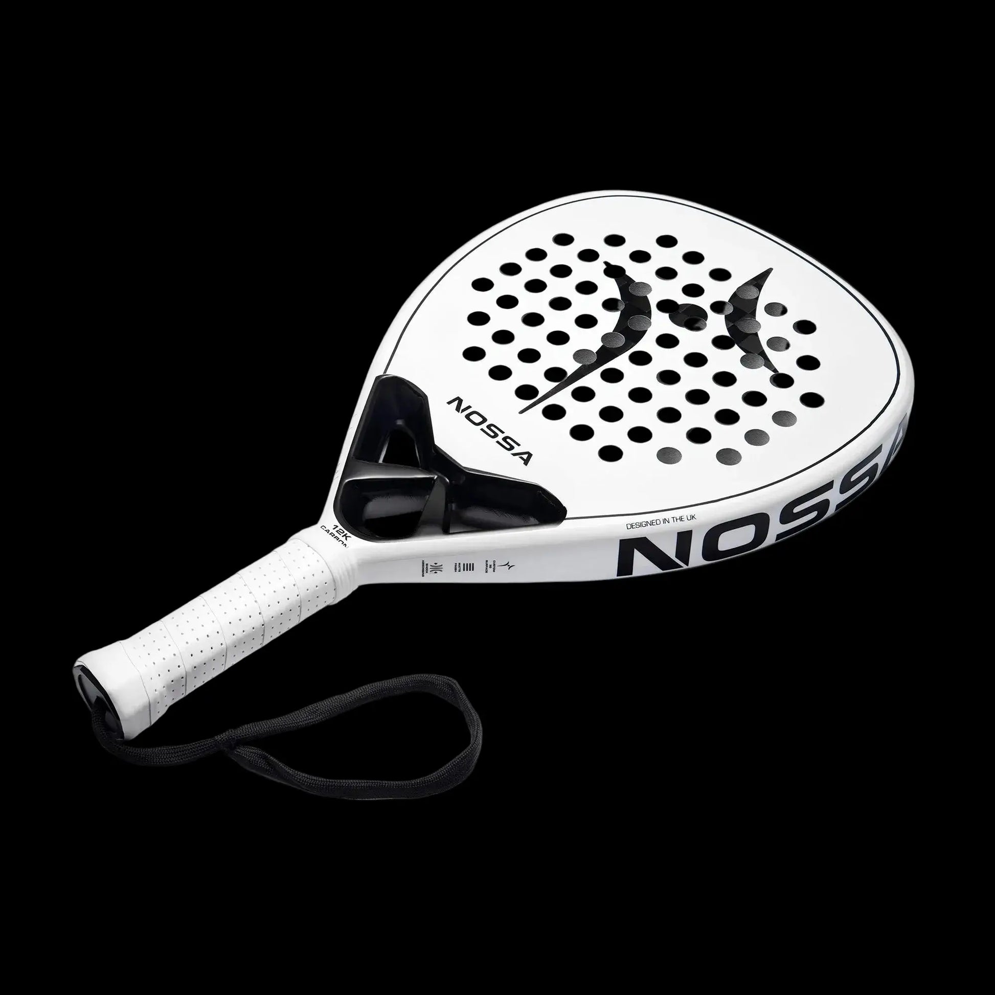 Nossa padel racket angled view in white highlighting frame thickness face texture and ergonomic handle