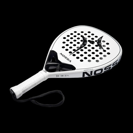 Nossa padel racket angled view in white highlighting frame thickness face texture and ergonomic handle