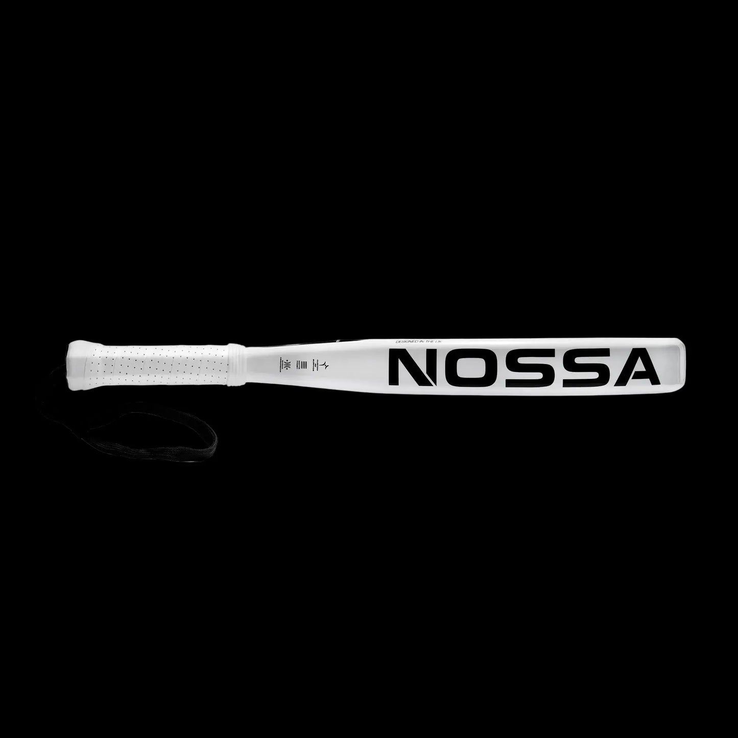 Nossa padel racket side profile in white showing slim frame design ergonomic handle and wrist strap