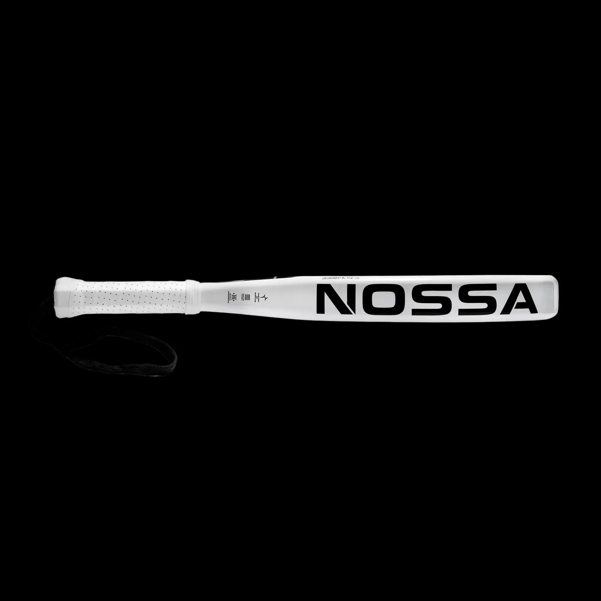 Nossa padel racket side profile in white showing slim frame design ergonomic handle and wrist strap