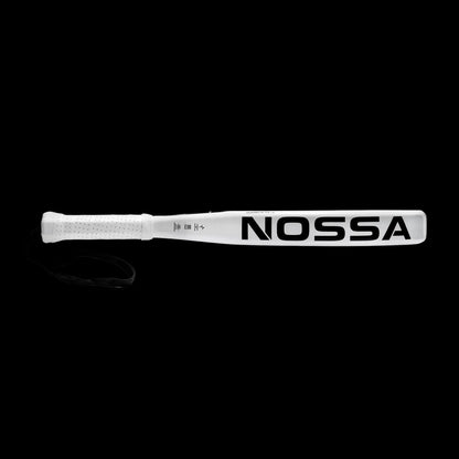 Nossa padel racket side profile in white showing slim frame design ergonomic handle and wrist strap