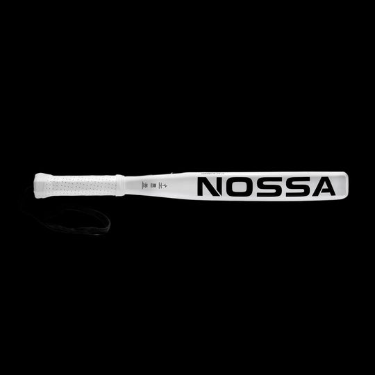 Nossa padel racket side profile in white showing slim frame design ergonomic handle and wrist strap