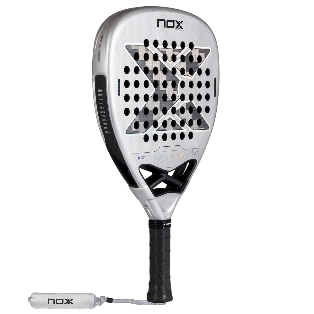 Angled view of the NOX AT10 Genius Attack 12K Alum XTREM 2027 padel racket showing its silver face and black frame