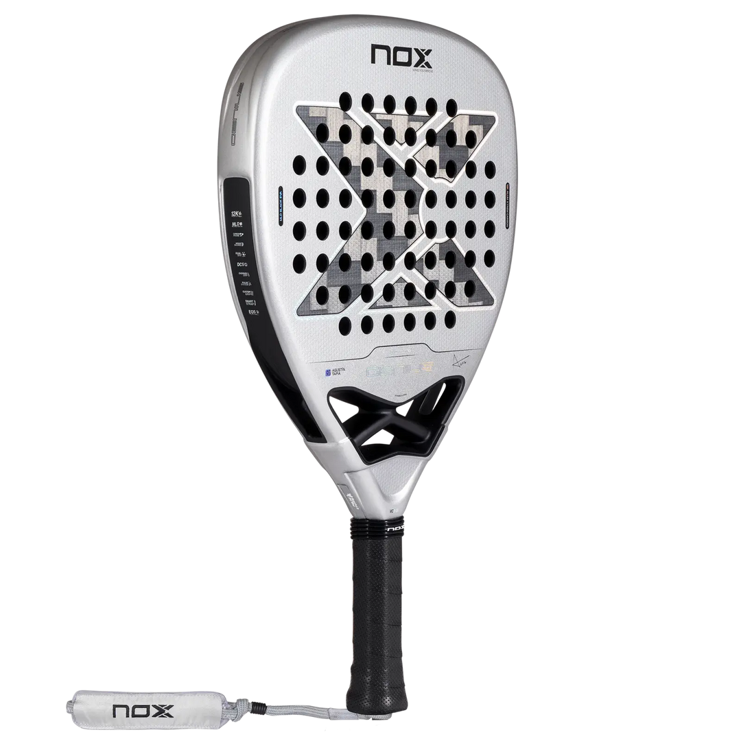 Angled view of the NOX AT10 Genius Attack 12K Alum XTREM 2027 padel racket showing its silver face and black frame