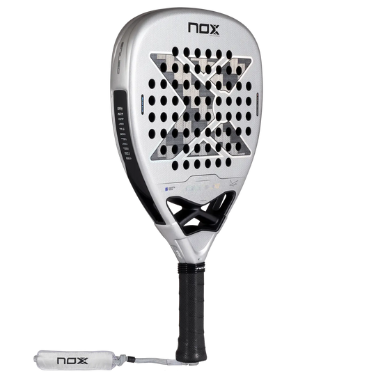 Angled view of the NOX AT10 Genius Attack 12K Alum XTREM 2027 padel racket showing its silver face and black frame