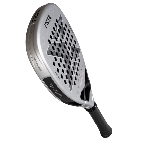 Angled view of the silver NOX AT10 Genius Attack 12K Alum XTREM 2027 padel racket showing the face and frame