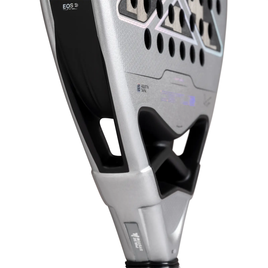 Close-up of NOX AT10 Genius Attack 12K Alum XTREM 2027 showing the silver frame, EOS Tunnel and racket throat
