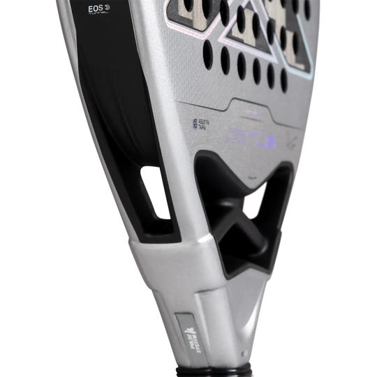 Close-up of NOX AT10 Genius Attack 12K Alum XTREM 2027 showing the silver frame, EOS Tunnel and racket throat
