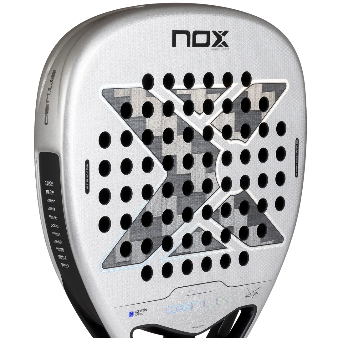 Close-up of the NOX AT10 Genius Attack 12K Alum XTREM 2027 silver racket face showing its carbon pattern and drill holes