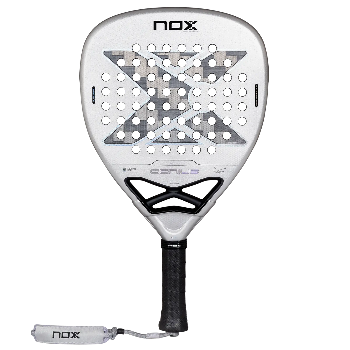 Front view of the NOX AT10 Genius Attack 12K Alum XTREM 2027 padel racket with silver face and black grip