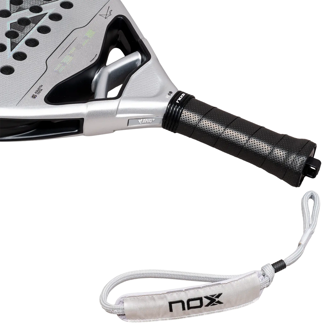 NOX AT10 Genius Attack 12K Alum XTREM 2027 racket handle, black grip and white safety strap