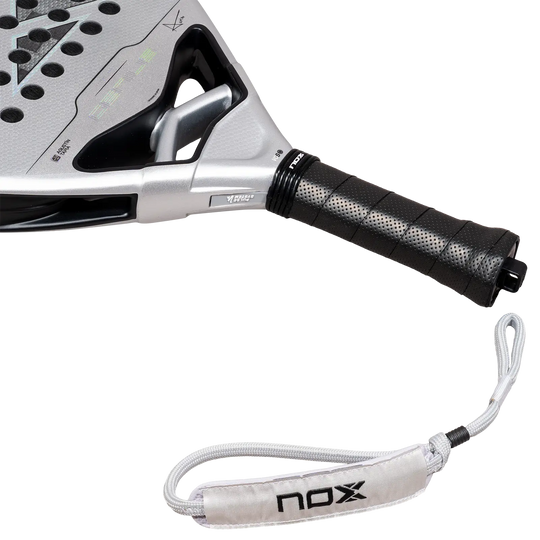 NOX AT10 Genius Attack 12K Alum XTREM 2027 racket handle, black grip and white safety strap