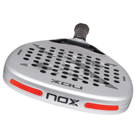 NOX AT10 Genius Attack 12K Alum XTREM 2027 racket face showing red NOX Balancer weights on the frame