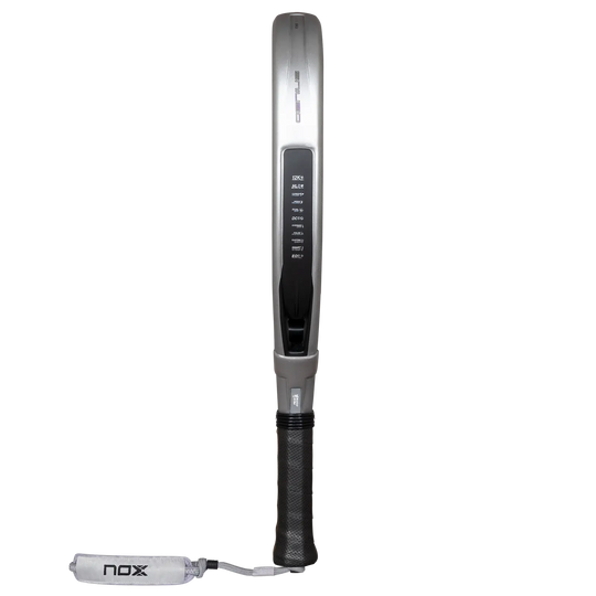 Side profile of the NOX AT10 Genius Attack 12K Alum XTREM 2027 showing the silver frame, racket thickness and black grip
