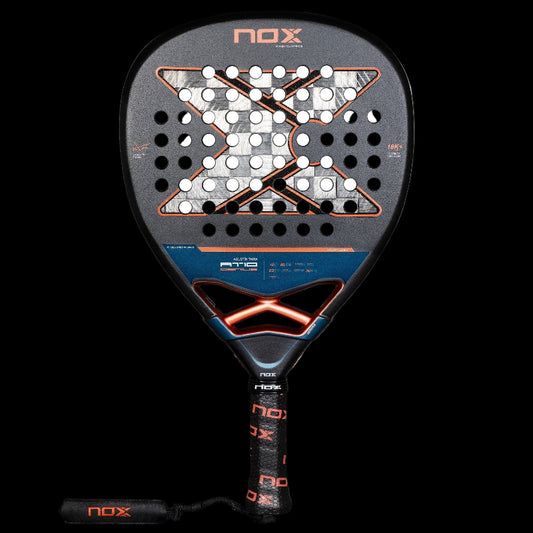 Nox AT10 Genius Attack 18K Alum padel tennis racket by Agustín Tapia, black and copper X design on black background – front view.