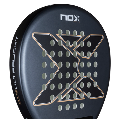 Nox AT10 Genius Ultralight 2026 padel racket angled face view showing the hitting surface and side profile