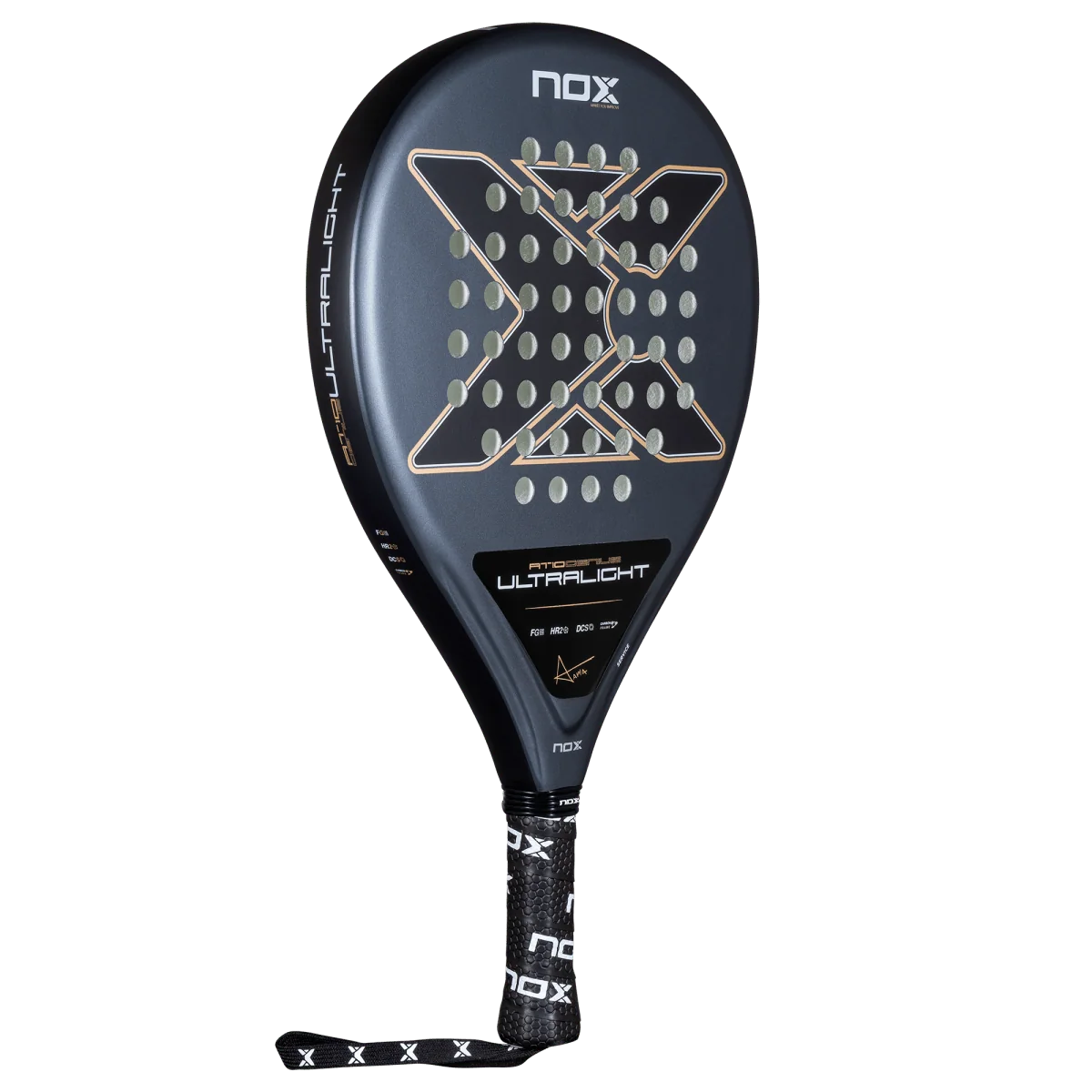 Nox AT10 Genius Ultralight 2026 padel racket angled full view with dark grey finish and teardrop shape