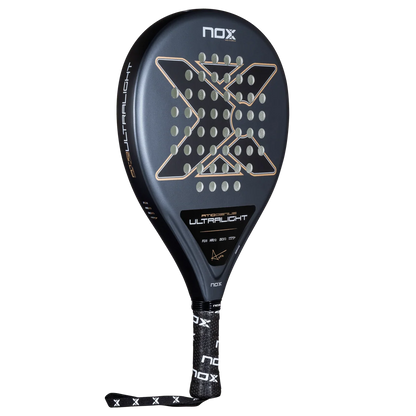 Nox AT10 Genius Ultralight 2026 padel racket angled full view with dark grey finish and teardrop shape