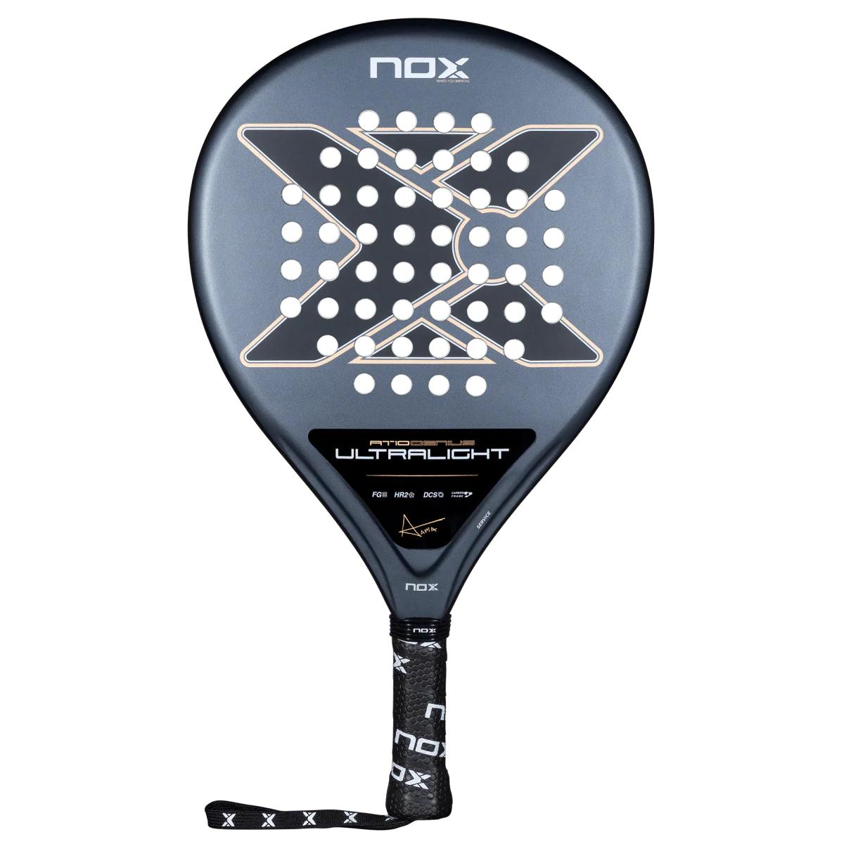 Nox AT10 Genius Ultralight 2026 padel racket front view with ultralight teardrop shape and dark grey finish