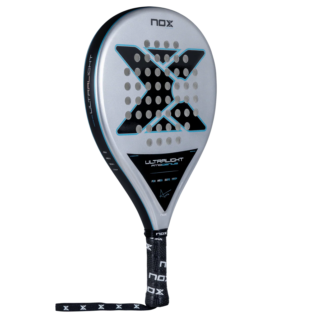 Angled view of Nox AT10 Genius Ultralight padel racket emphasising easy handling and lightweight feel, designed for beginner players