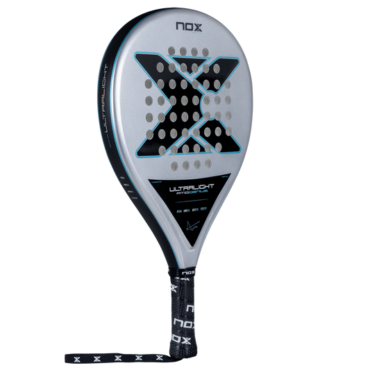 Angled view of Nox AT10 Genius Ultralight padel racket emphasising easy handling and lightweight feel, designed for beginner players
